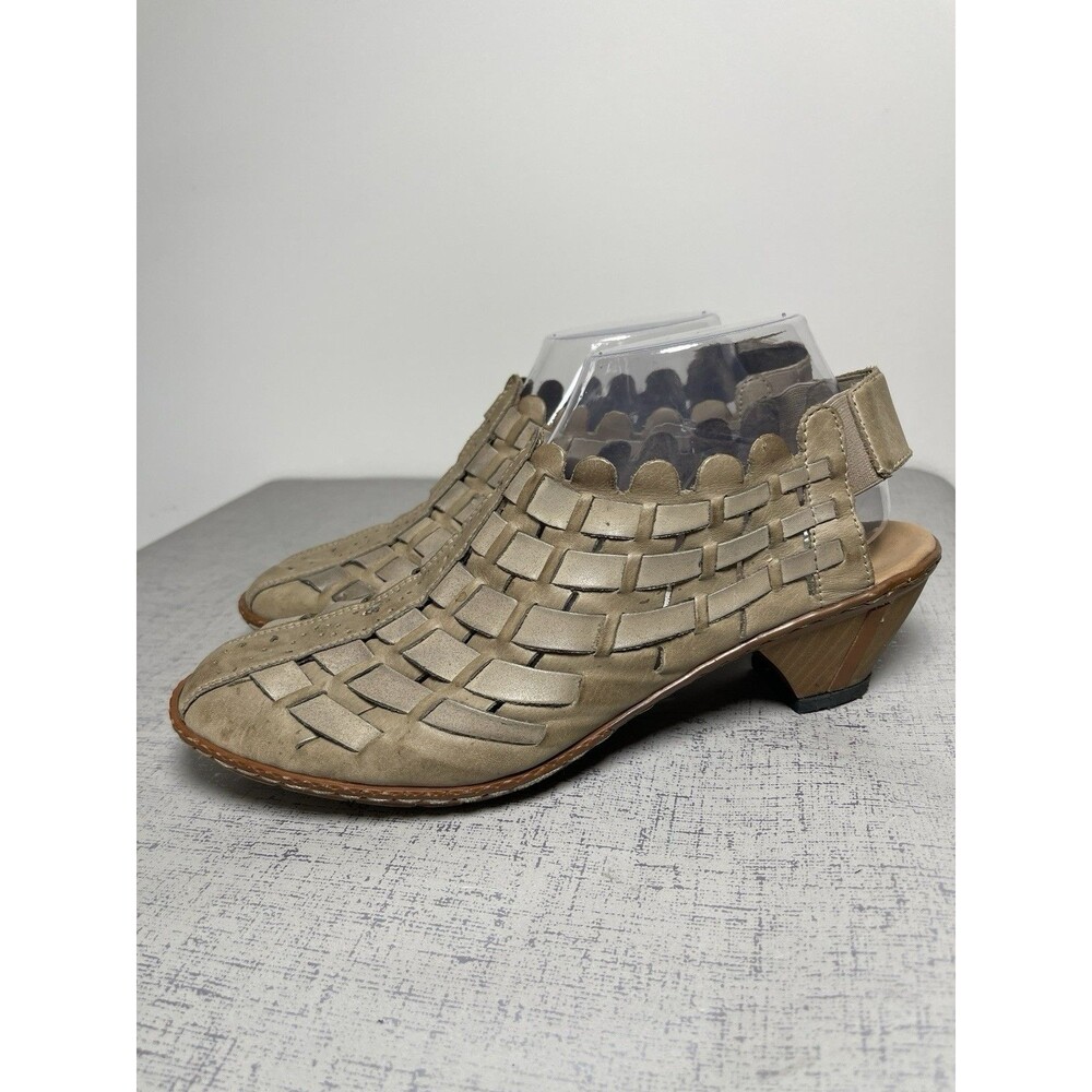 Rieker Sina Weaven Leather Slingback Comfort Shoes Block Heel 40 / 9 Taupe